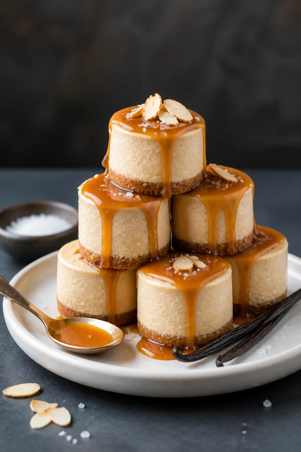 Final plated presentation: Beautifully plated high-protein low-carb salted caramel cheesecake bites 