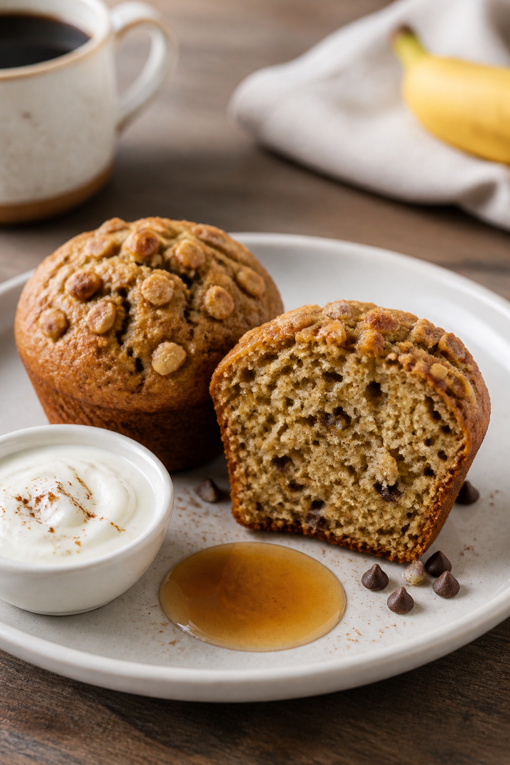 Final plated presentation: café-style breakfast scene with two banana nut muffins on a matte white