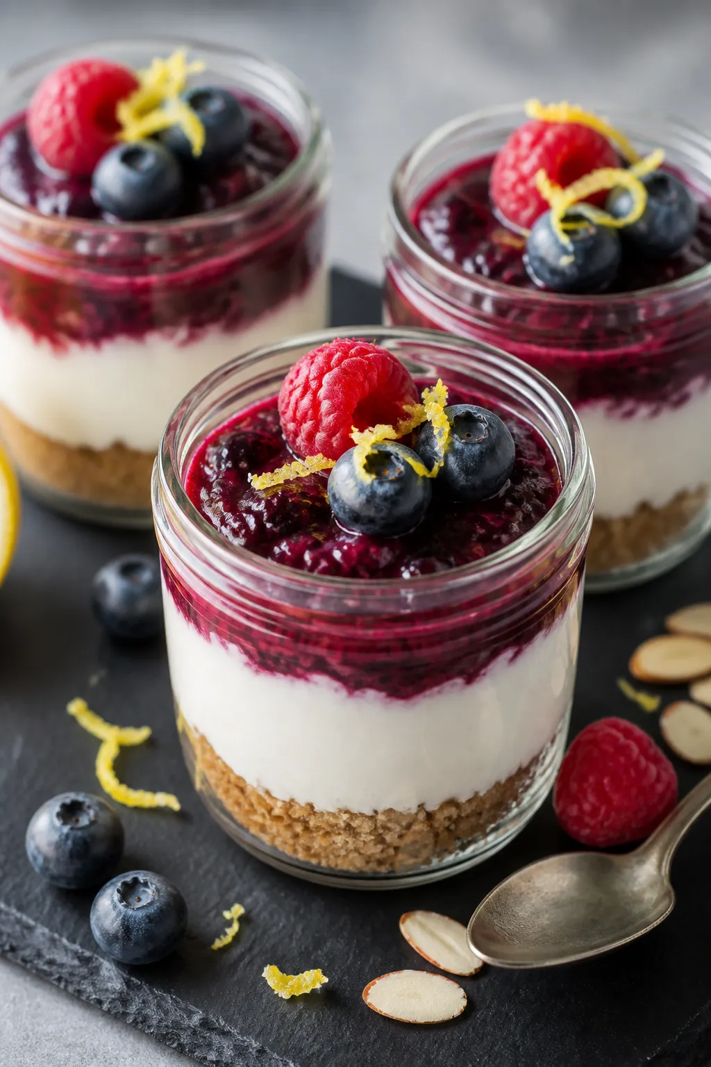 Final plated presentation: finished High Protein Low Carb Berry Protein Cheesecake Jars chilled and
