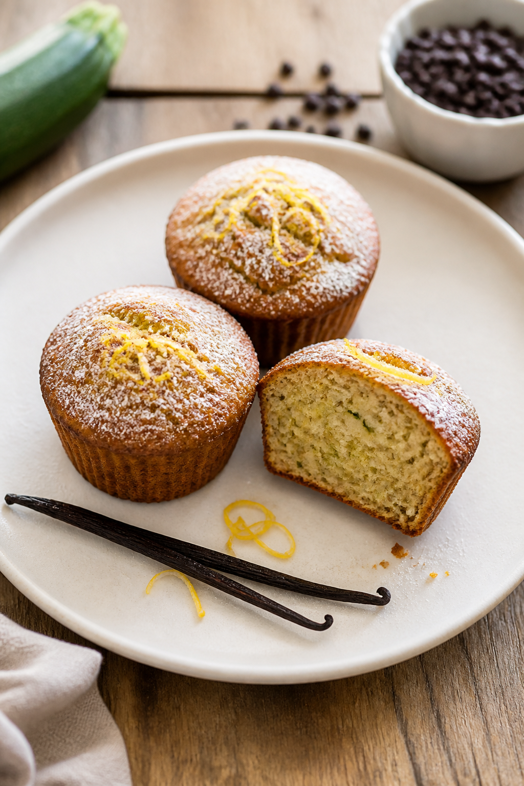 Final plated presentation of a trio of small standard zucchini bread muffins on a matte white plate,