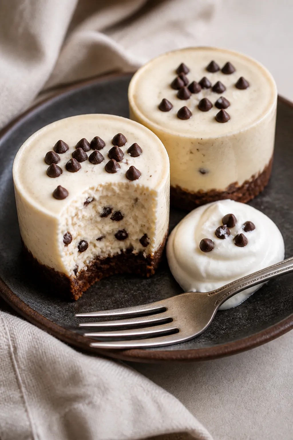 Final plated presentation of two chilled High Protein Low Carb Chocolate Chip Cheesecake Cups on a s