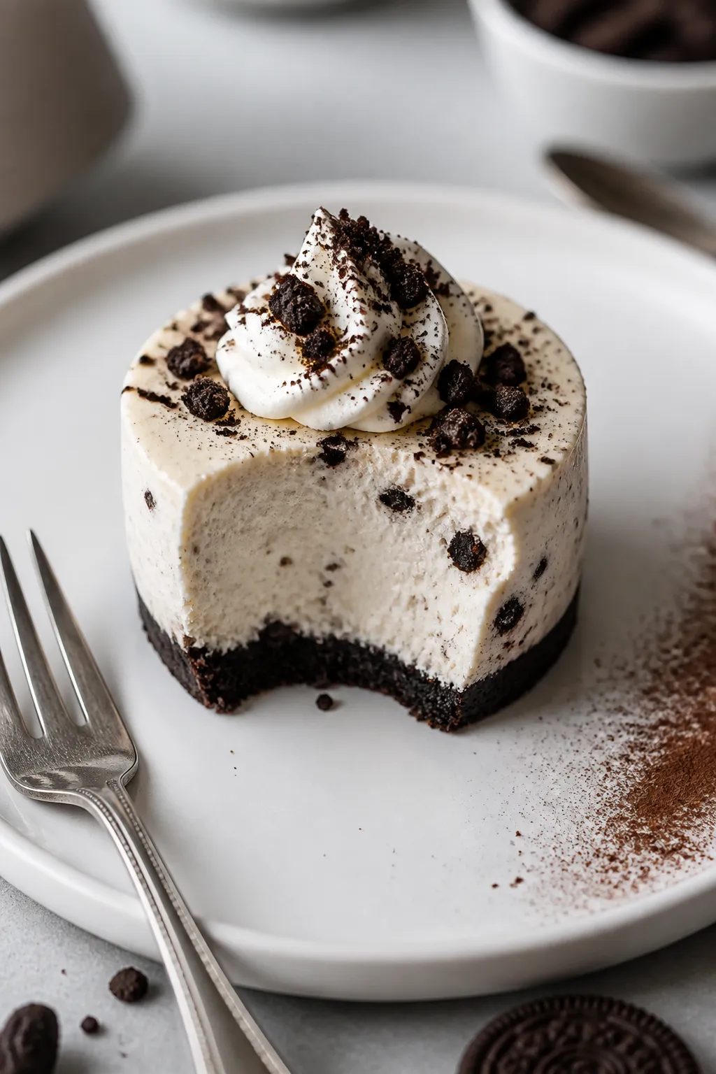 Final plated presentation: One fully set High Protein Low Carb Oreo Cheesecake Cup out of its paper
