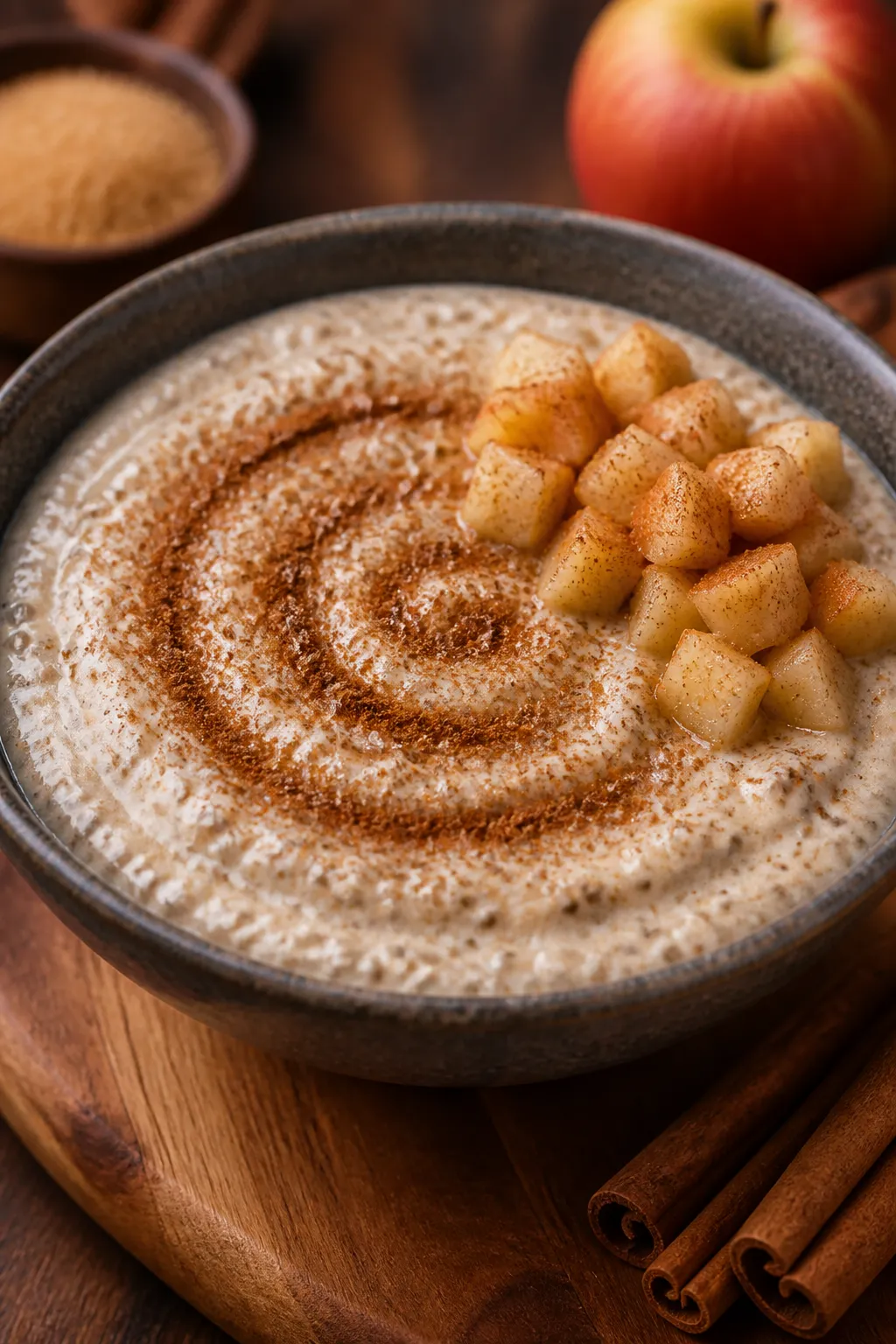 Final plated presentation: Restaurant-quality bowl of chilled snickerdoodle chia pudding thinned to