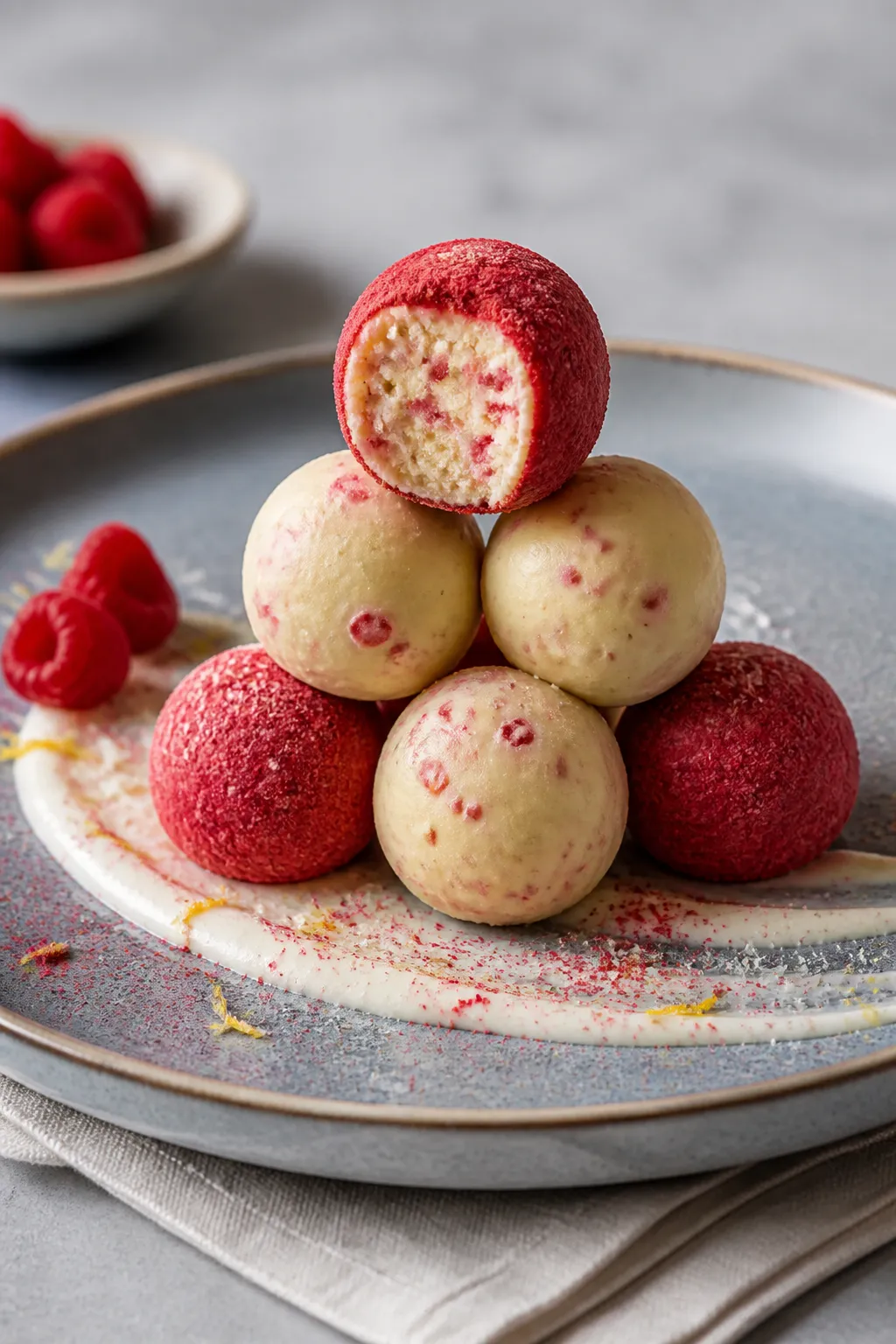 Final plated presentation: Restaurant-quality plate with 5 raspberry cheesecake protein balls stacke