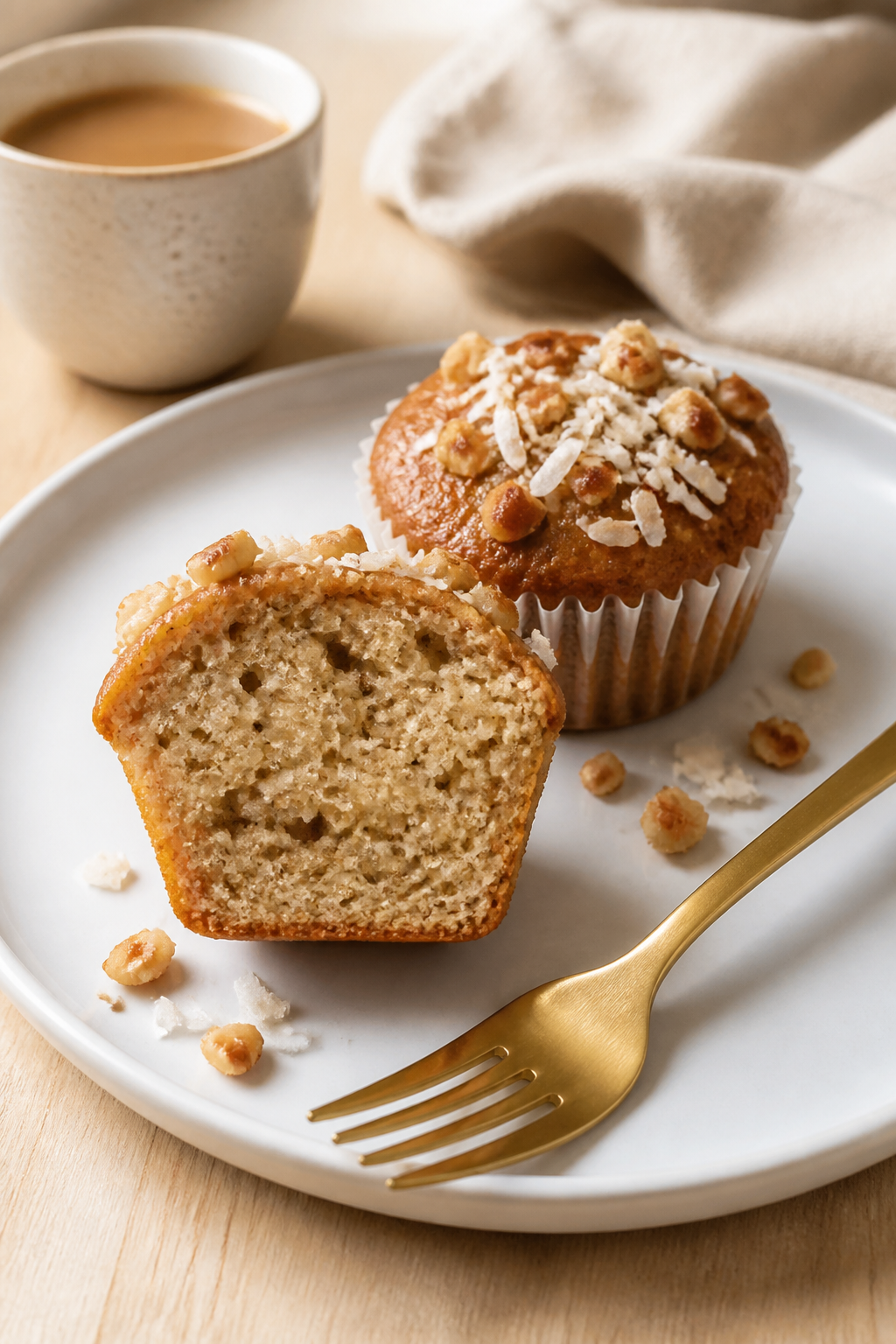 Final plated presentation: Restaurant-quality plate with two coconut banana protein muffins—one wh