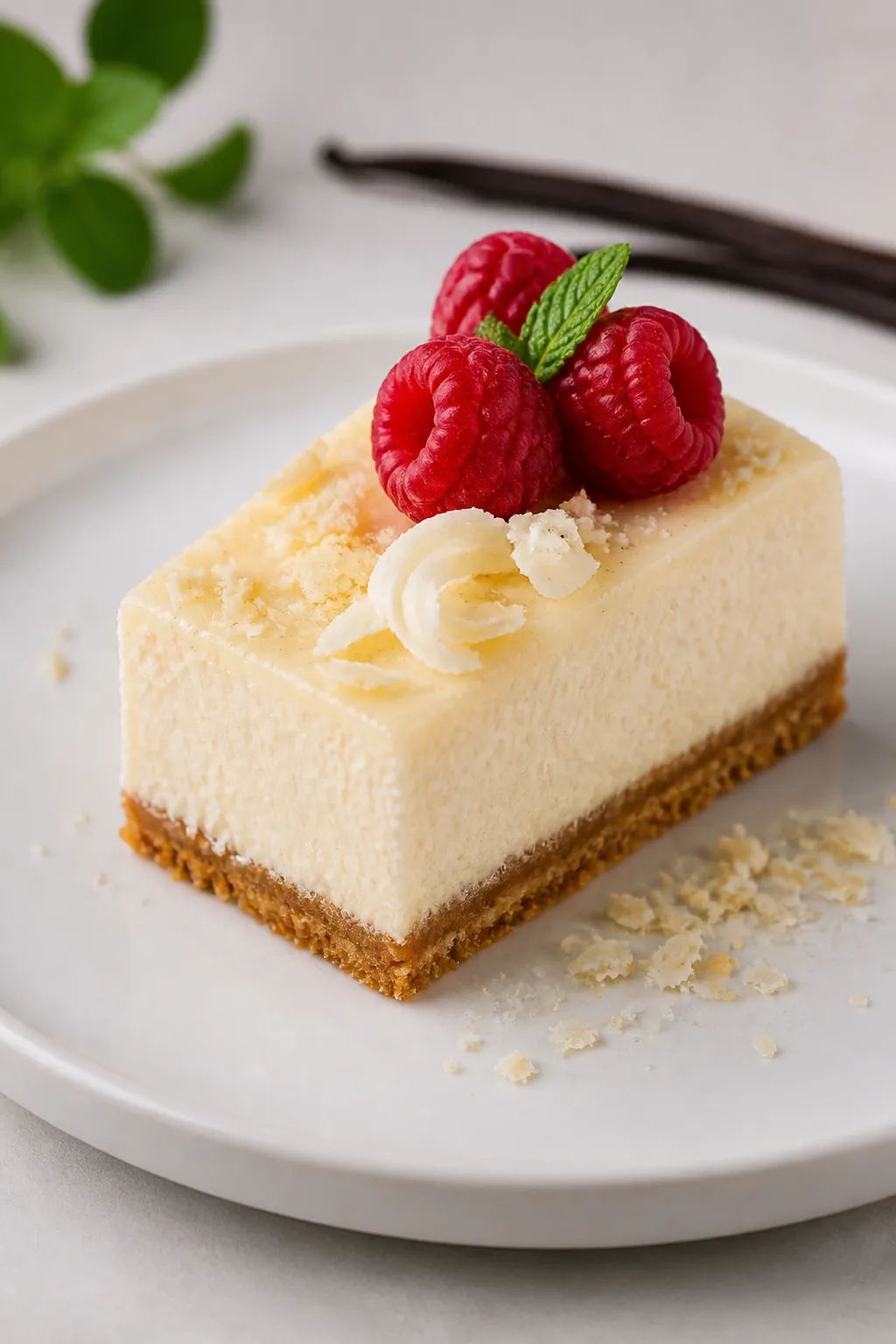 Final plated presentation: Restaurant-quality single bar of high protein low carb vanilla cheesecake