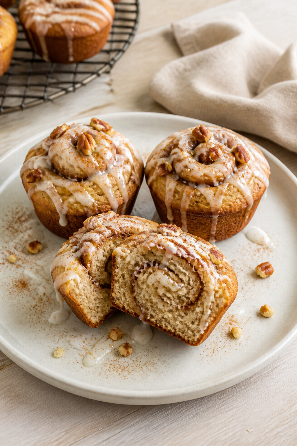 Final plated presentation: three high-protein cinnamon roll muffins on a simple white stoneware plat