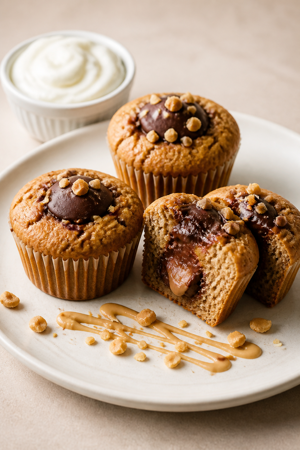 Final plated presentation: three peanut butter cup protein muffins on a matte white plate, one slice