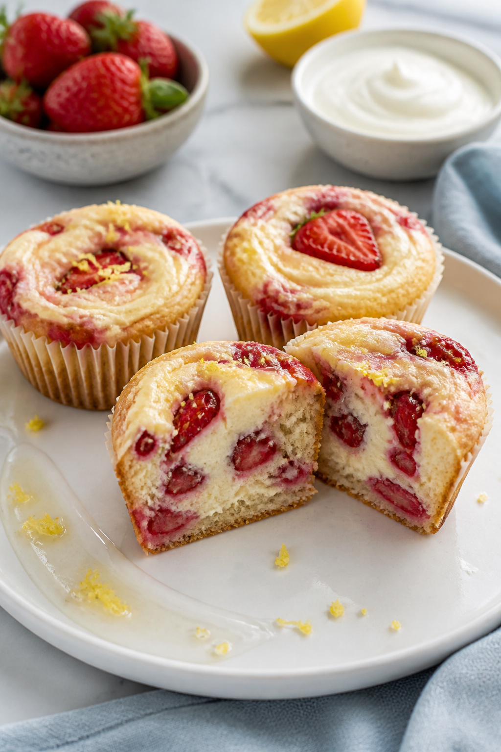 Final plated presentation: Three strawberry cheesecake muffins on a matte white dessert plate, one m
