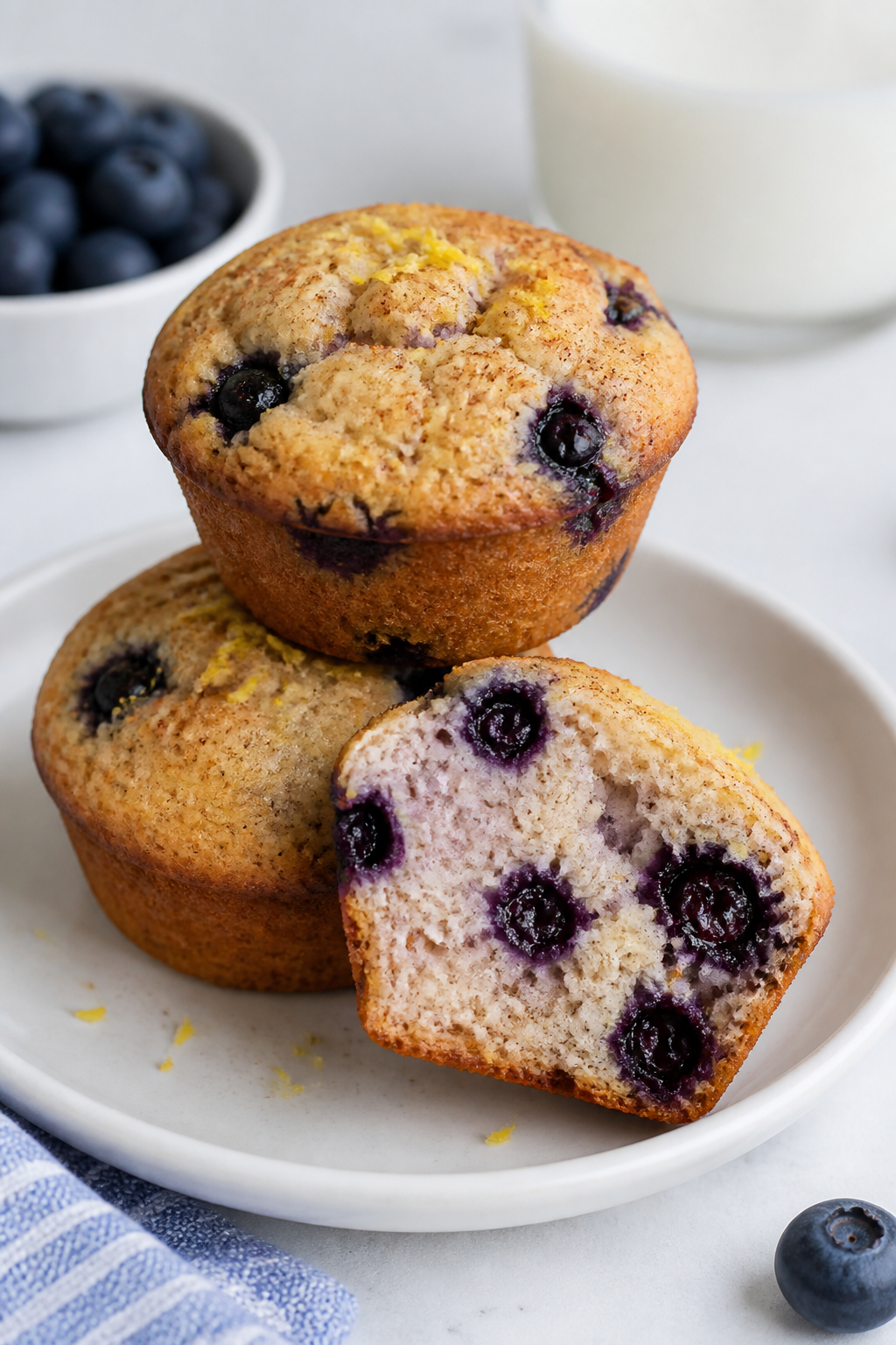 Final plated presentation: three under-100-calorie blueberry muffins stacked and staggered on a smal