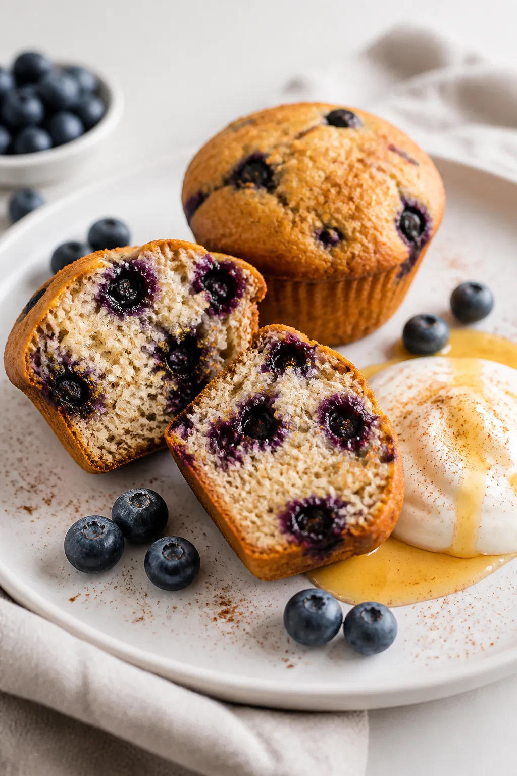 Final plated presentation: two blueberry protein muffins on a matte white plate with a dollop of Gre