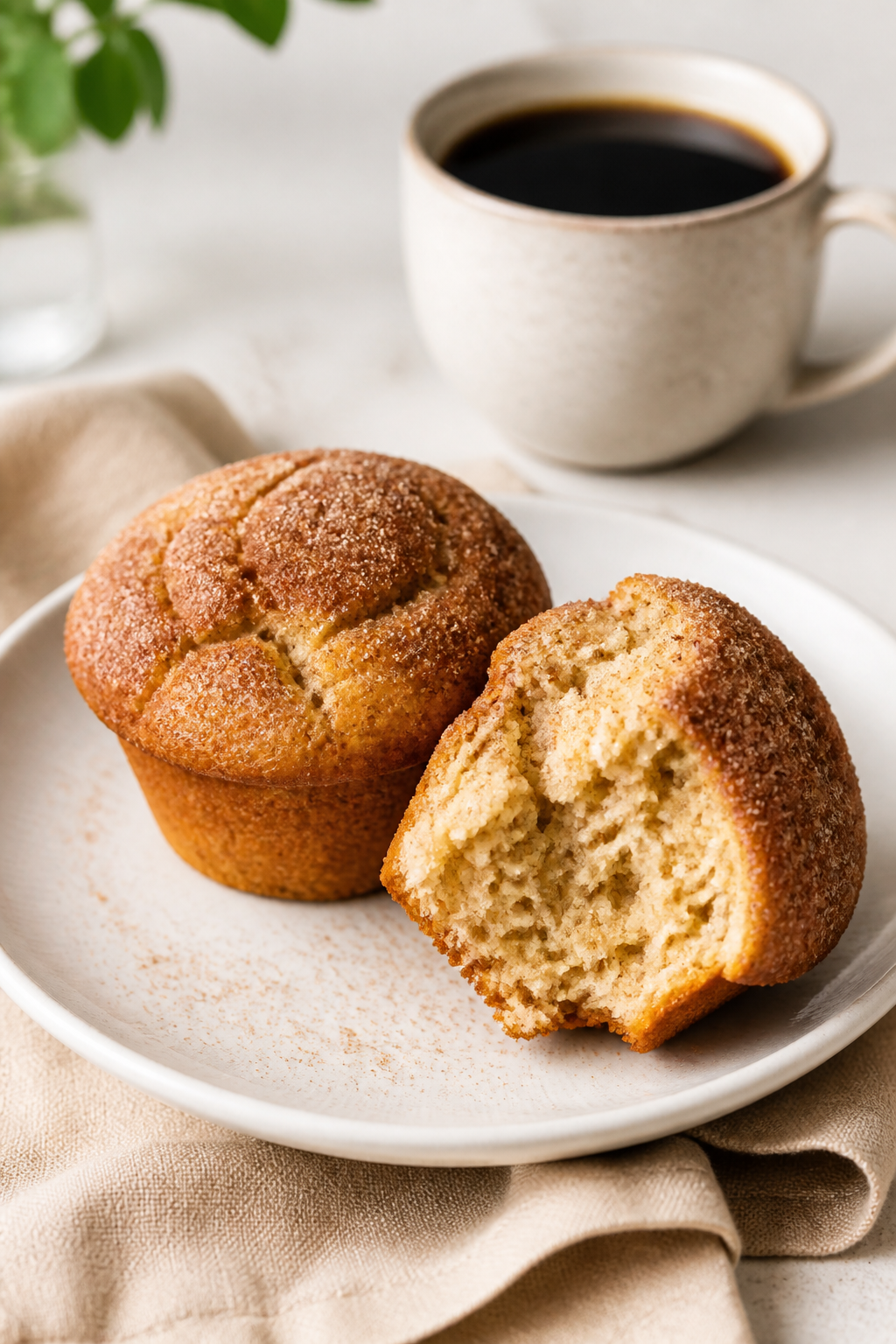Final plated presentation: two snickerdoodle muffins on a small white plate—one whole and one torn