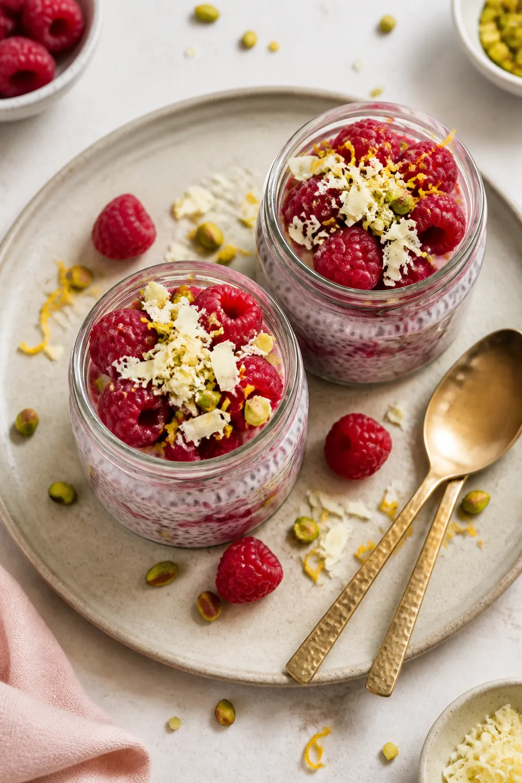 Final plated: Restaurant-quality presentation of make-ahead raspberry white chocolate chia pudding p