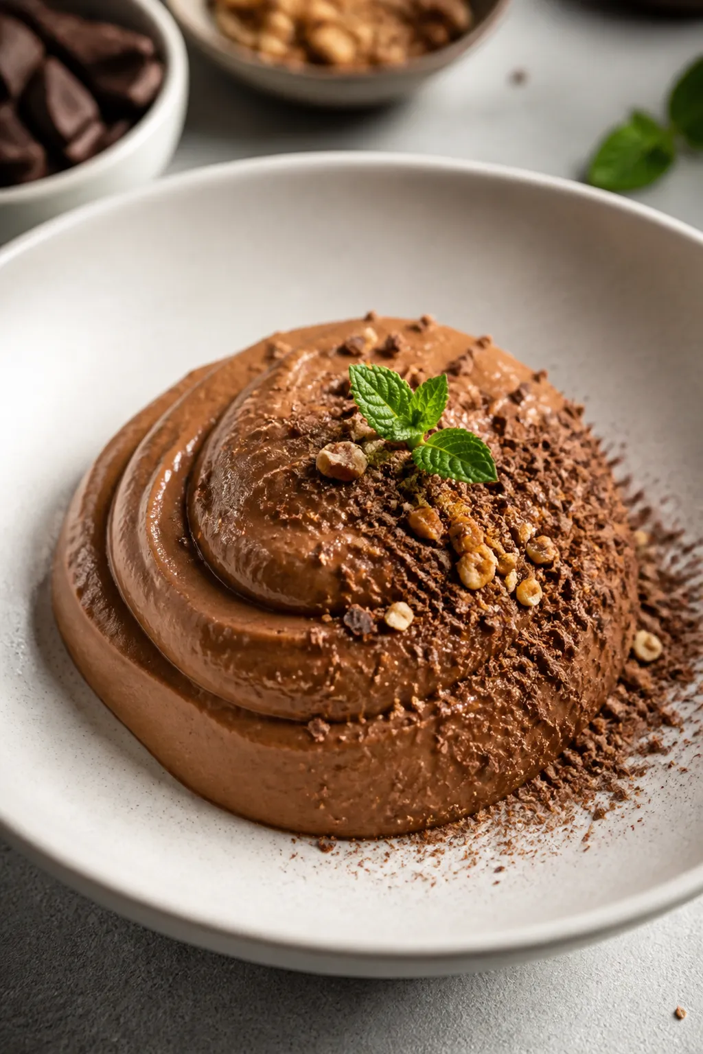 Final plated — Restaurant-style presentation of Greek Yogurt Chocolate Protein Pudding in a wide, 