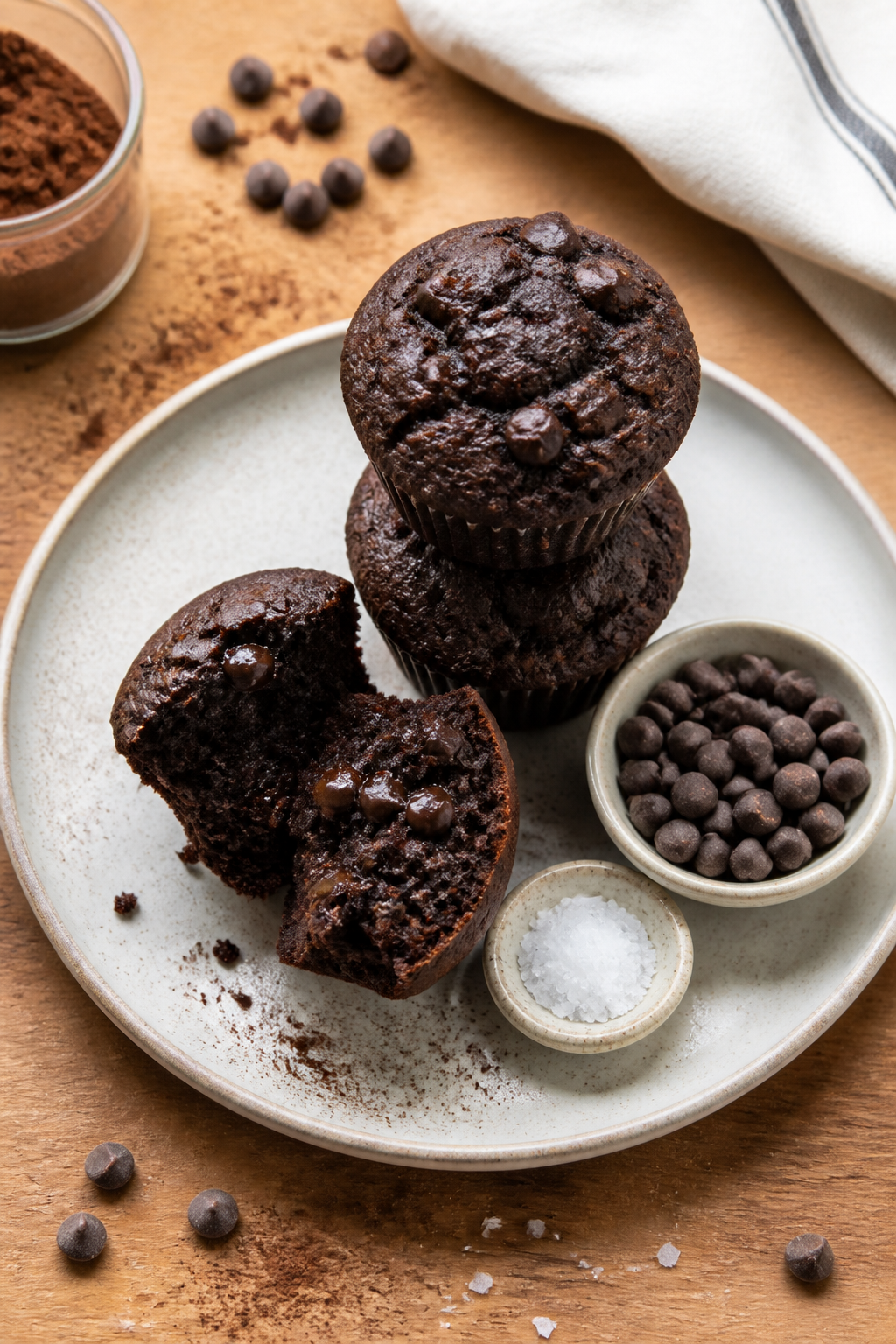 Final presentation: Beautifully plated double chocolate protein muffins for breakfast-on-the-go—th