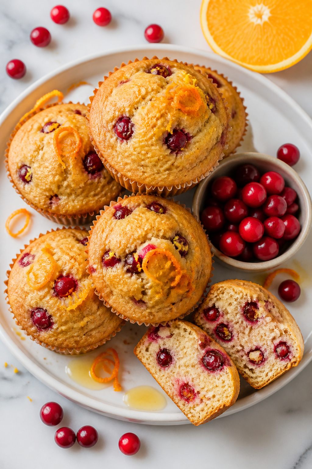 Final presentation: Beautifully plated Orange Cranberry Protein Muffins stacked on a matte white pla