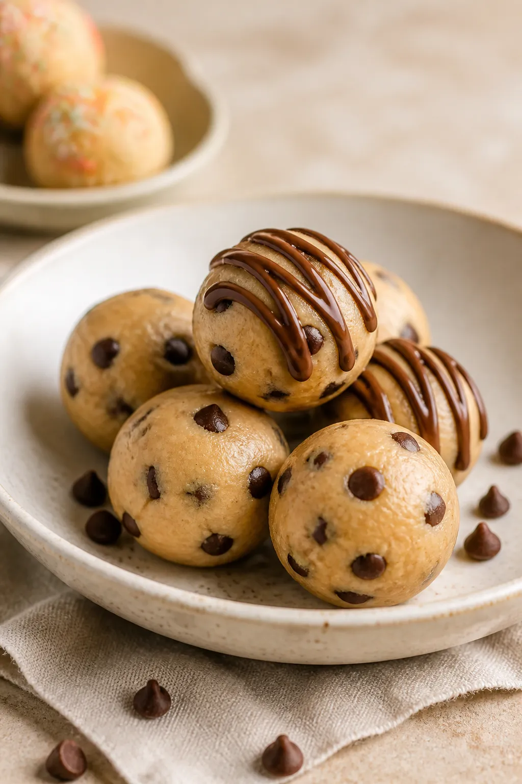 Final presentation beauty plate: Restaurant-quality plating of 6 cookie dough bites stacked and nest
