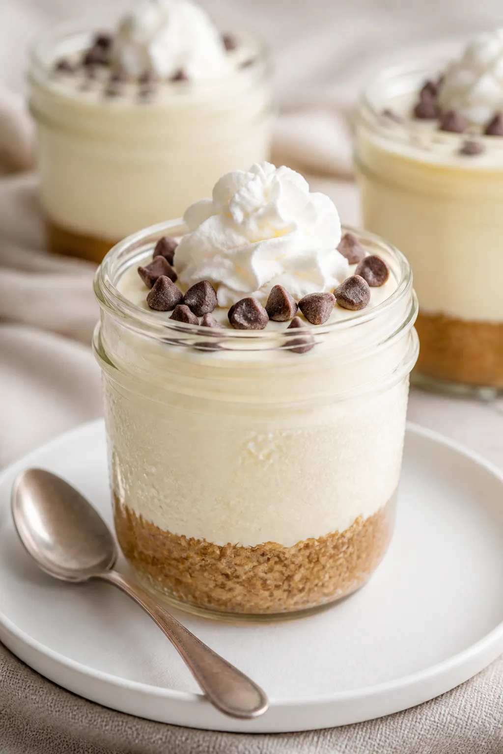 Final presentation beauty shot at a 45-degree angle: a single cheesecake jar front and center with d