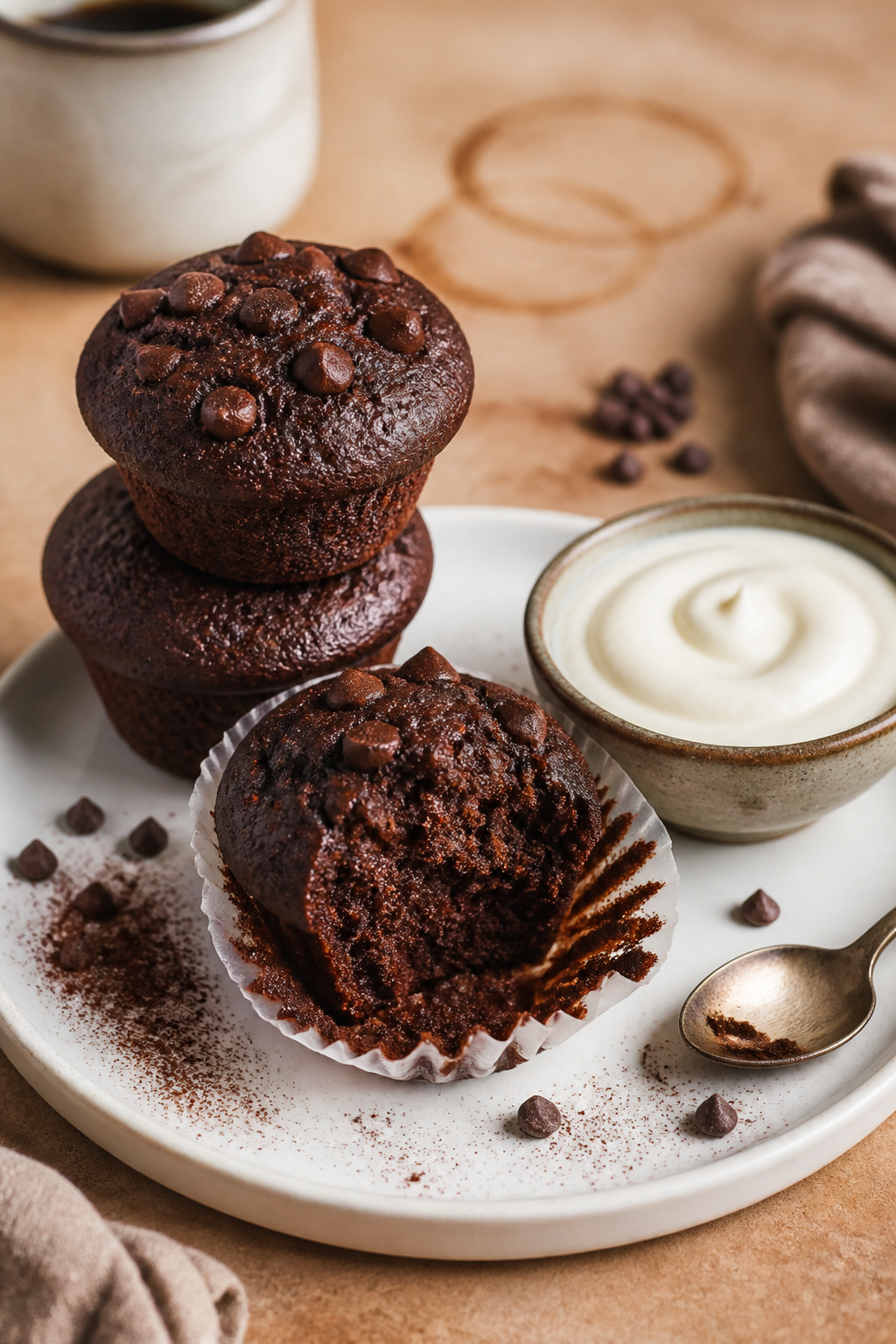Final presentation beauty: Three double chocolate muffins stacked and staggered on a matte white des
