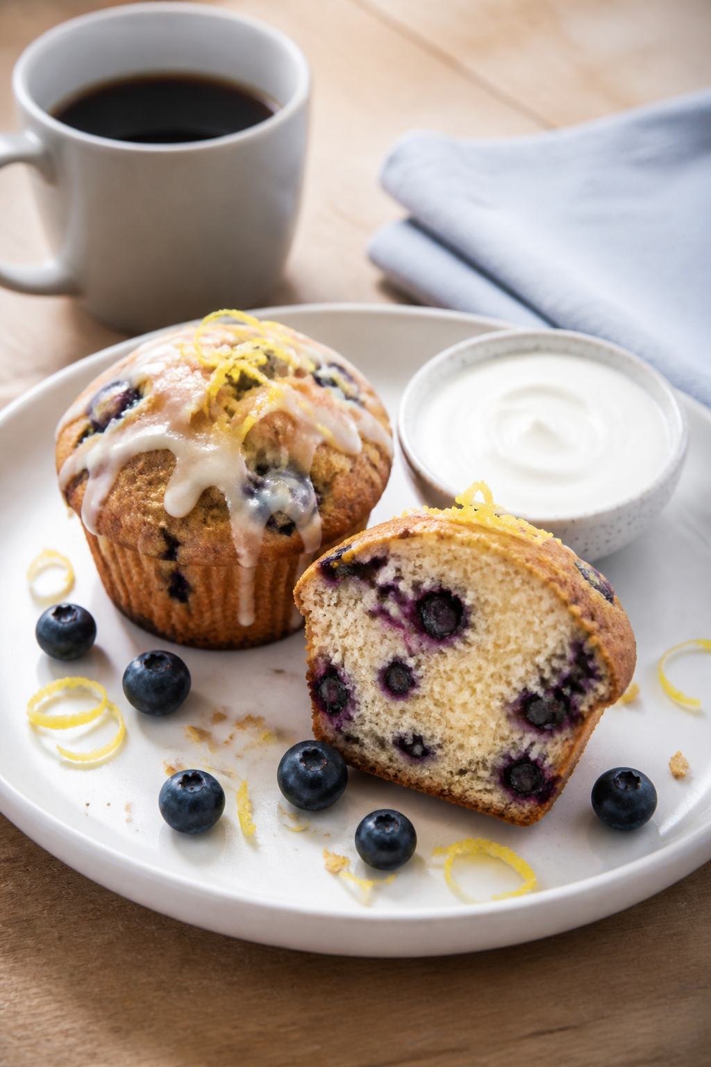 Final presentation: Café-style plating of two blueberry lemon protein muffins on a matte white plat