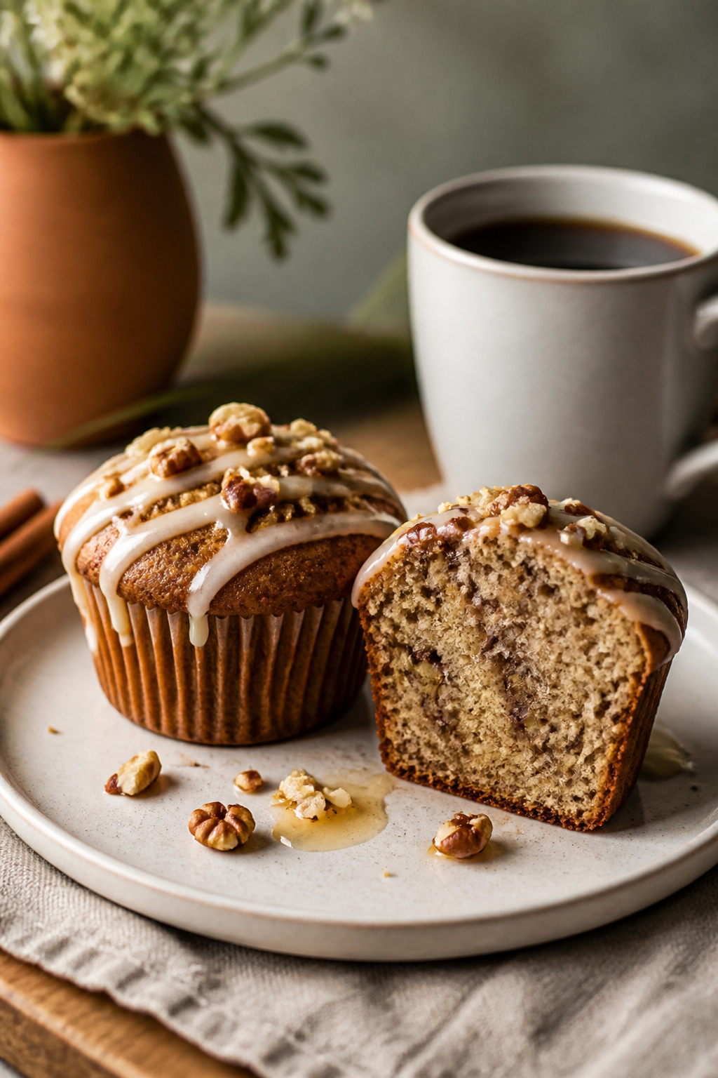 Final presentation: Café-style scene with two protein coffee cake muffins on a matte white plate, l