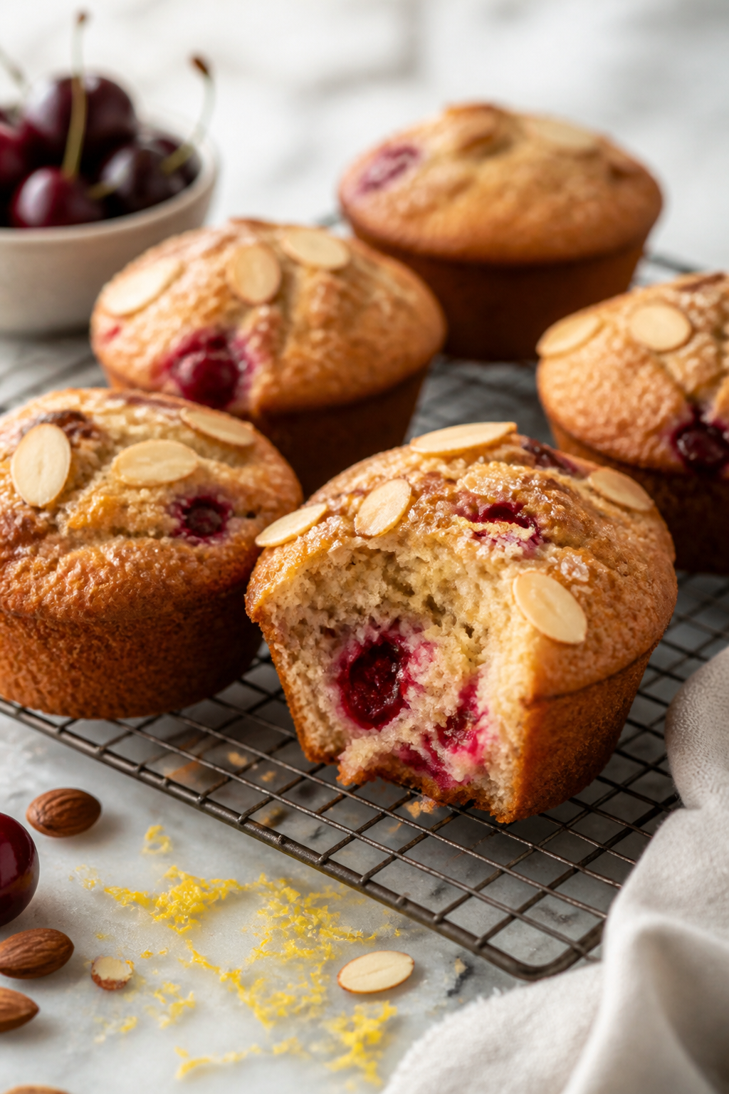 Final presentation hero shot: Warm Cherry Almond Protein Muffins on a wire rack, golden domes with t