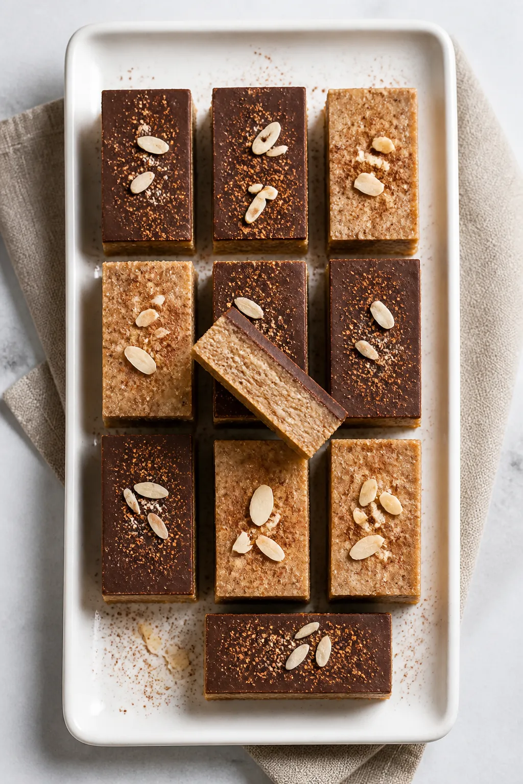 Final presentation platter: An overhead, top-down arrangement of neatly cut bars (12 snack-size piec