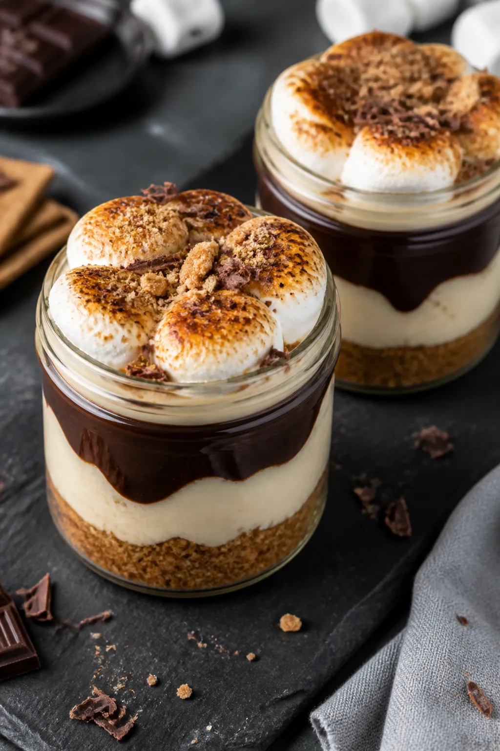 Final presentation: Restaurant-quality plated dessert scene featuring two finished s’mores cheesec