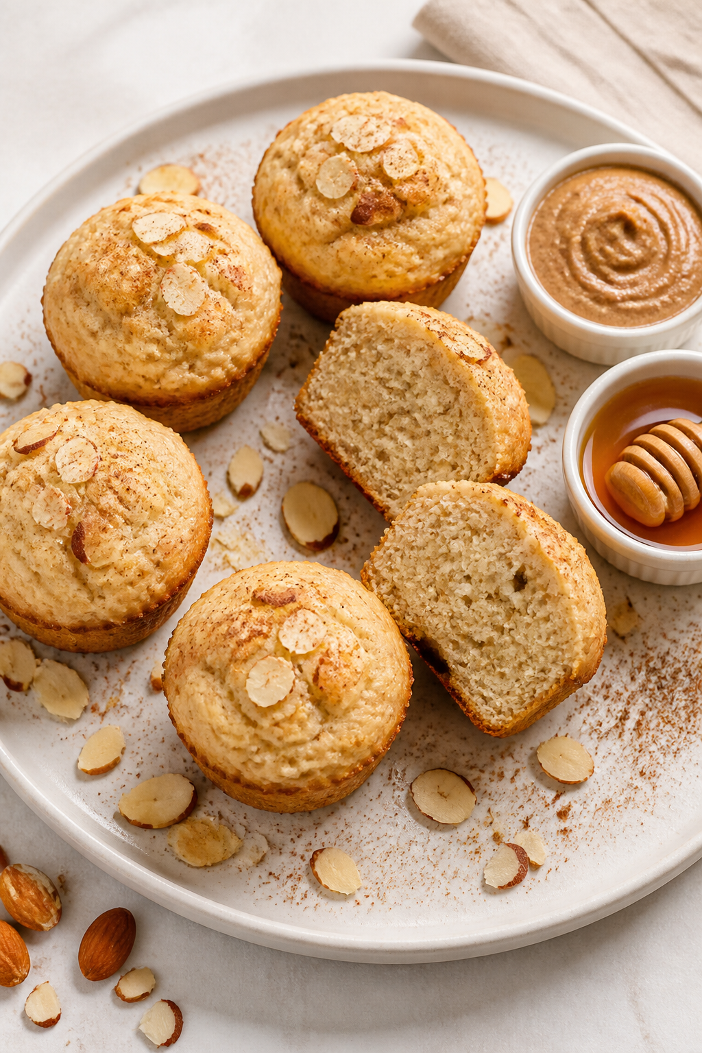 Final presentation: Restaurant-quality plated Vanilla Almond Protein Muffins arranged on a matte whi