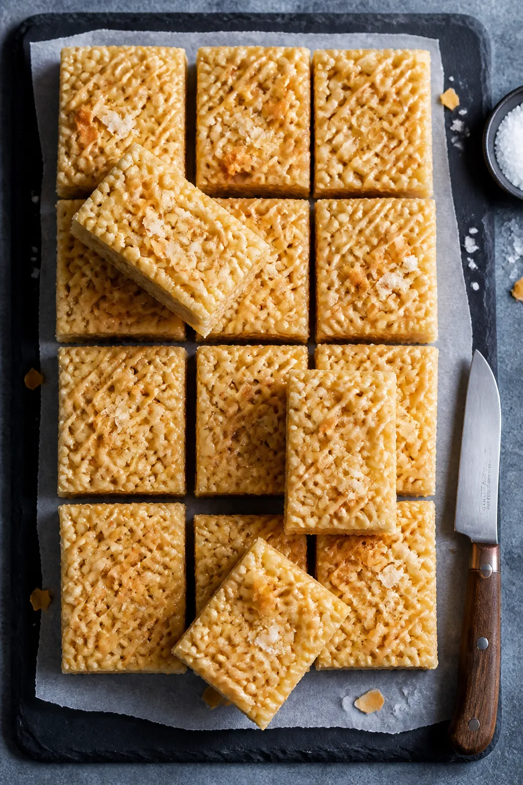 Final presentation top-down shot: An 8x8 slab of chilled protein Rice Krispie treats on parchment li