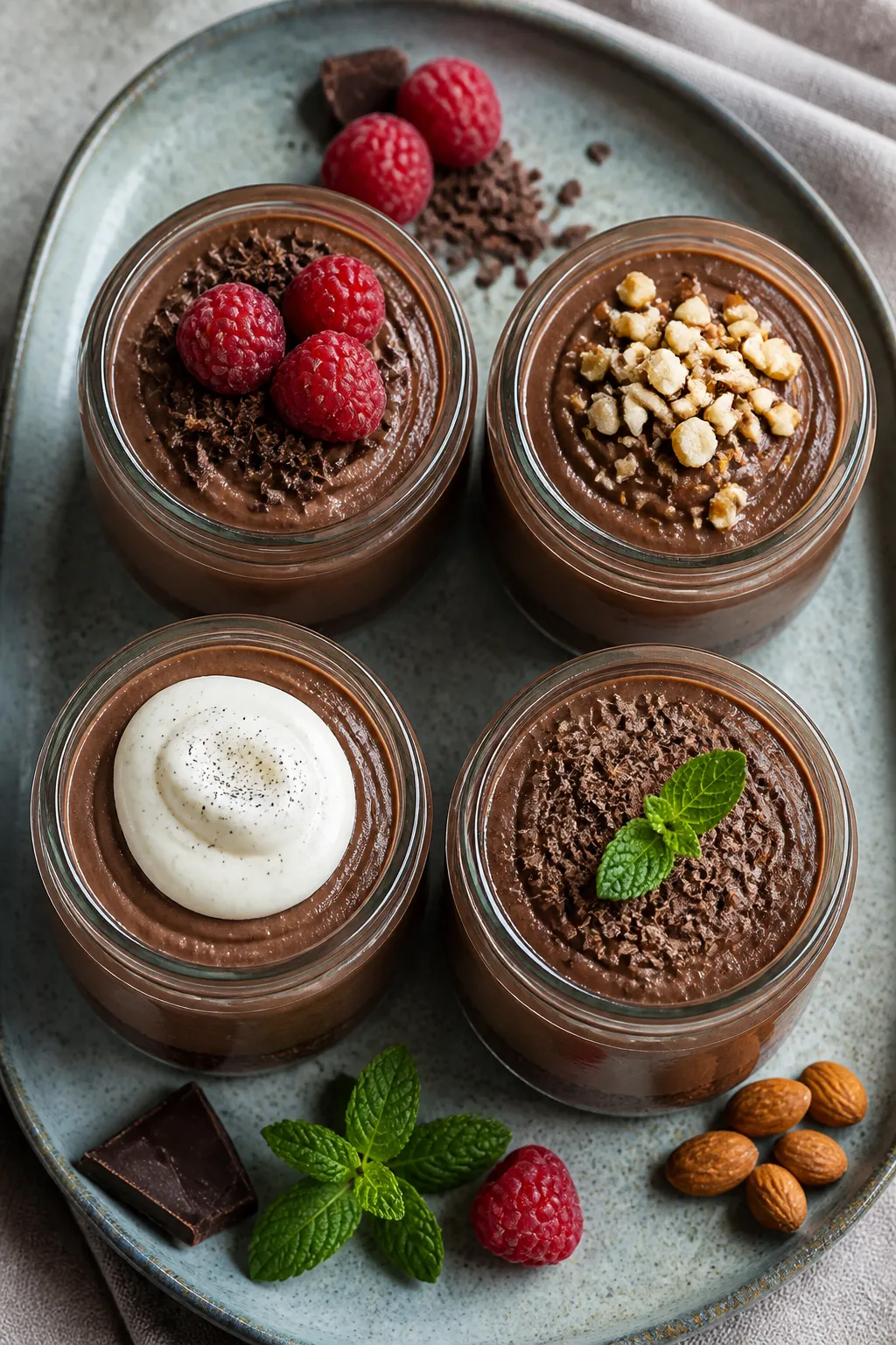 Final presentation top-down shot: four small glass jars filled to the brim with the set chocolate ch