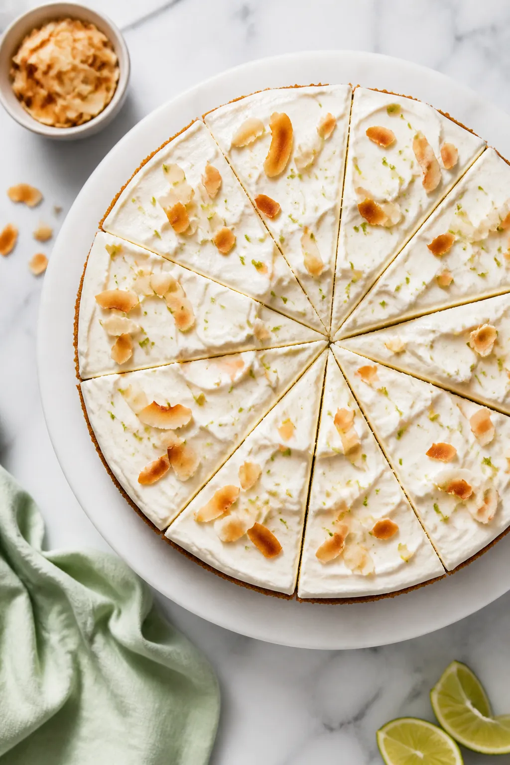 Final presentation top-down: Tasty top-view of the fully chilled and topped coconut cream cheesecake