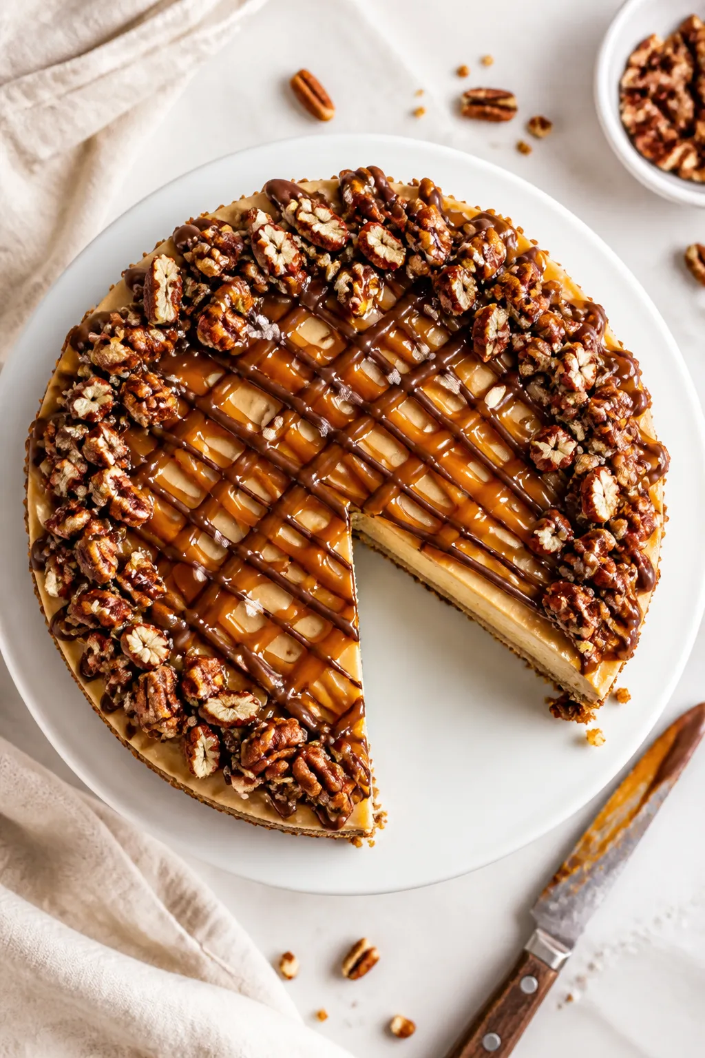 Final presentation, top view: Tasty top-down image of the whole finished turtle protein cheesecake o