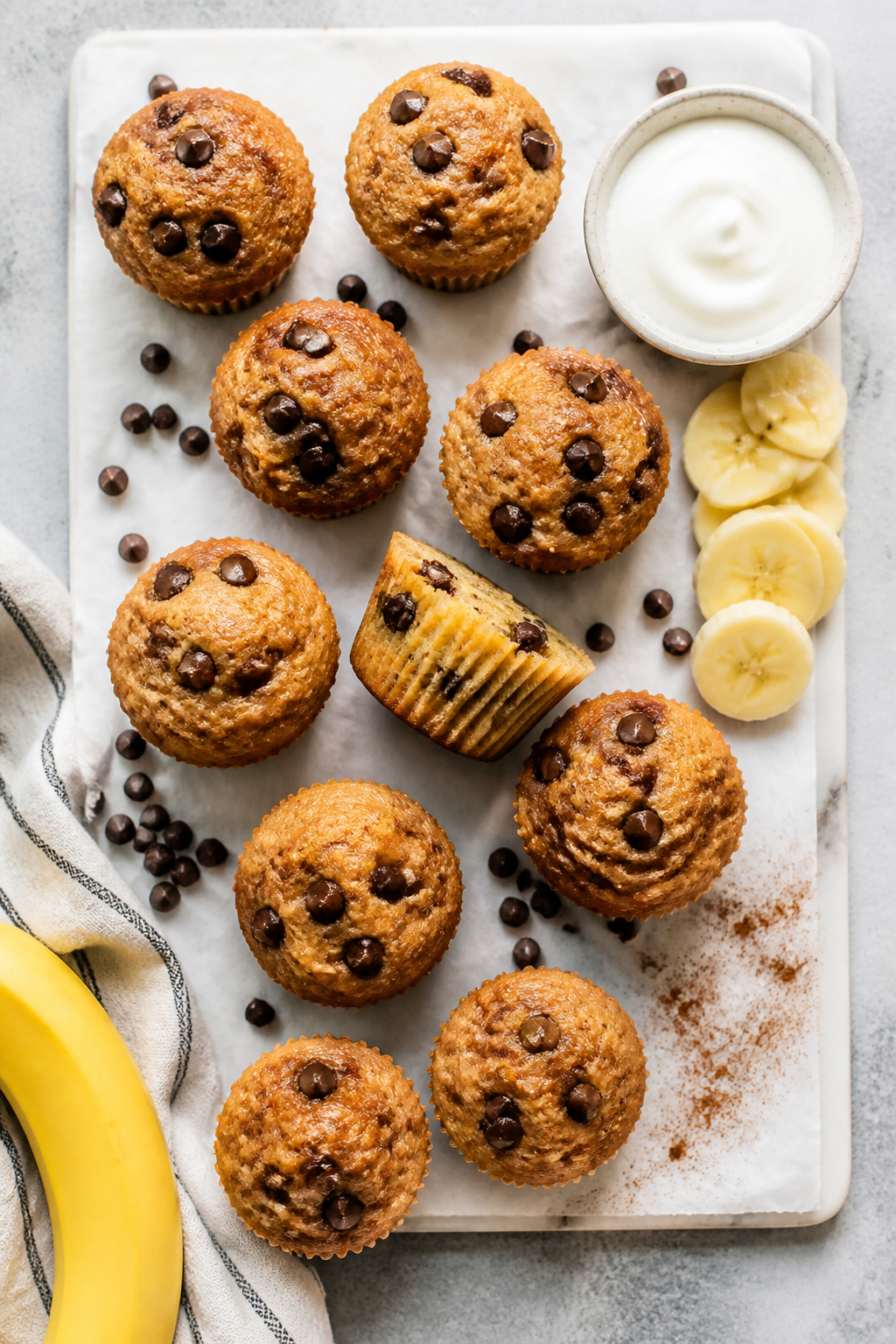 Final presentation, top view: Tasty top-down spread of 10–12 small regular banana chocolate chip m