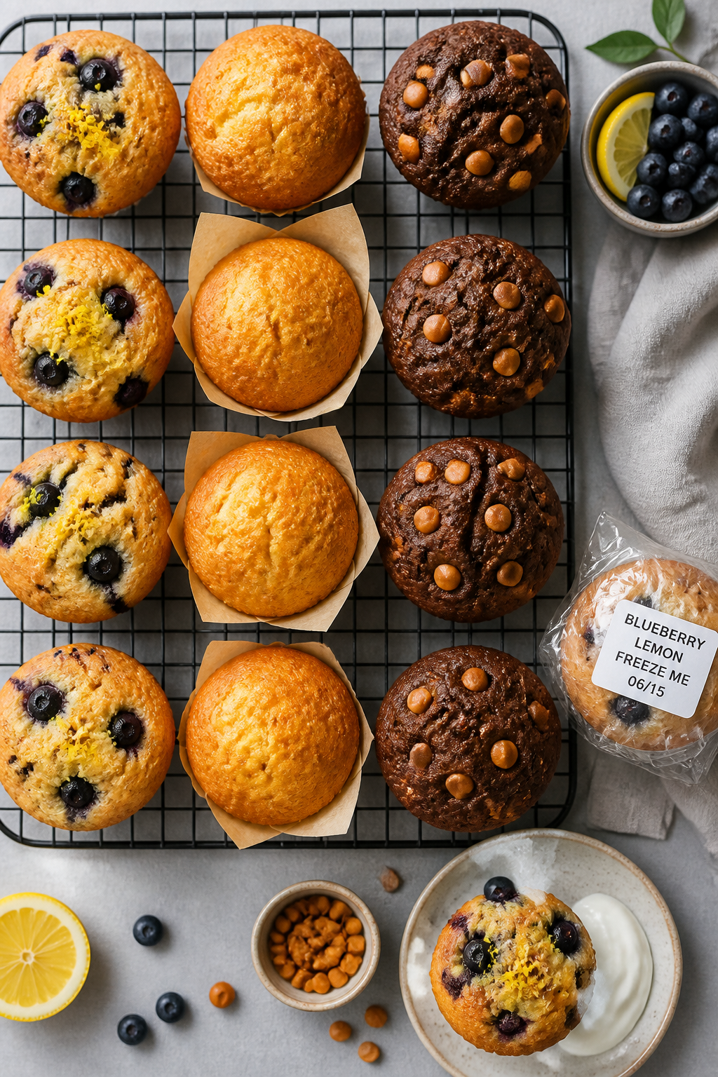 Overhead meal-prep scene: of a cooling rack filled with freshly baked muffins (some plain, some blue