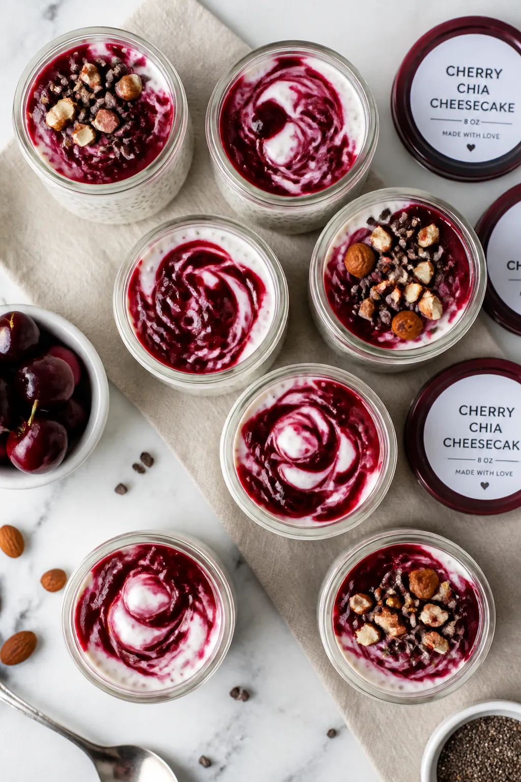 Overhead meal-prep scene: of multiple single-serve jars (8–10 oz) filled with set chia cheesecake