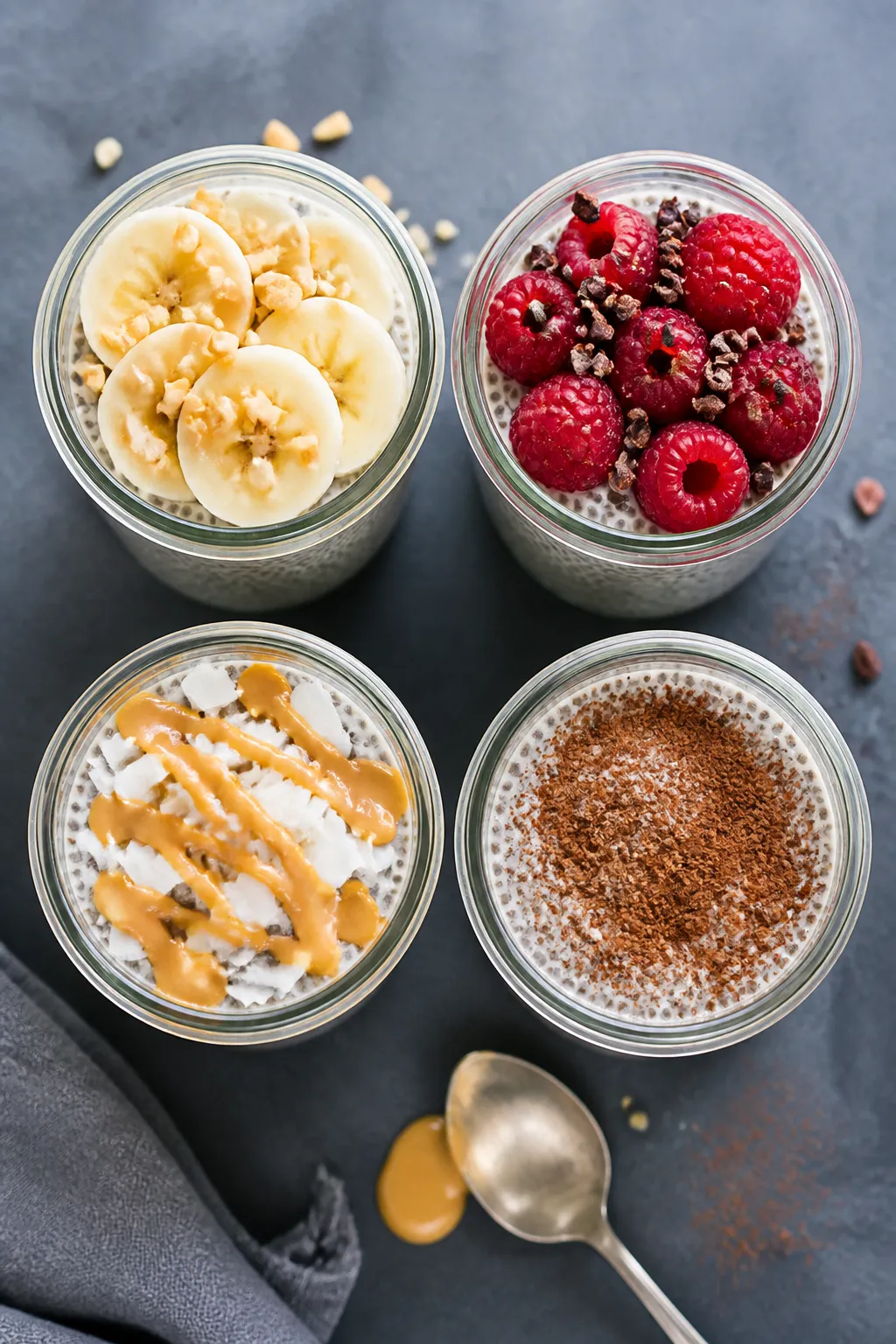 Overhead “meal-prep” top view of four single-serve glass jars filled with the finished chia pudd