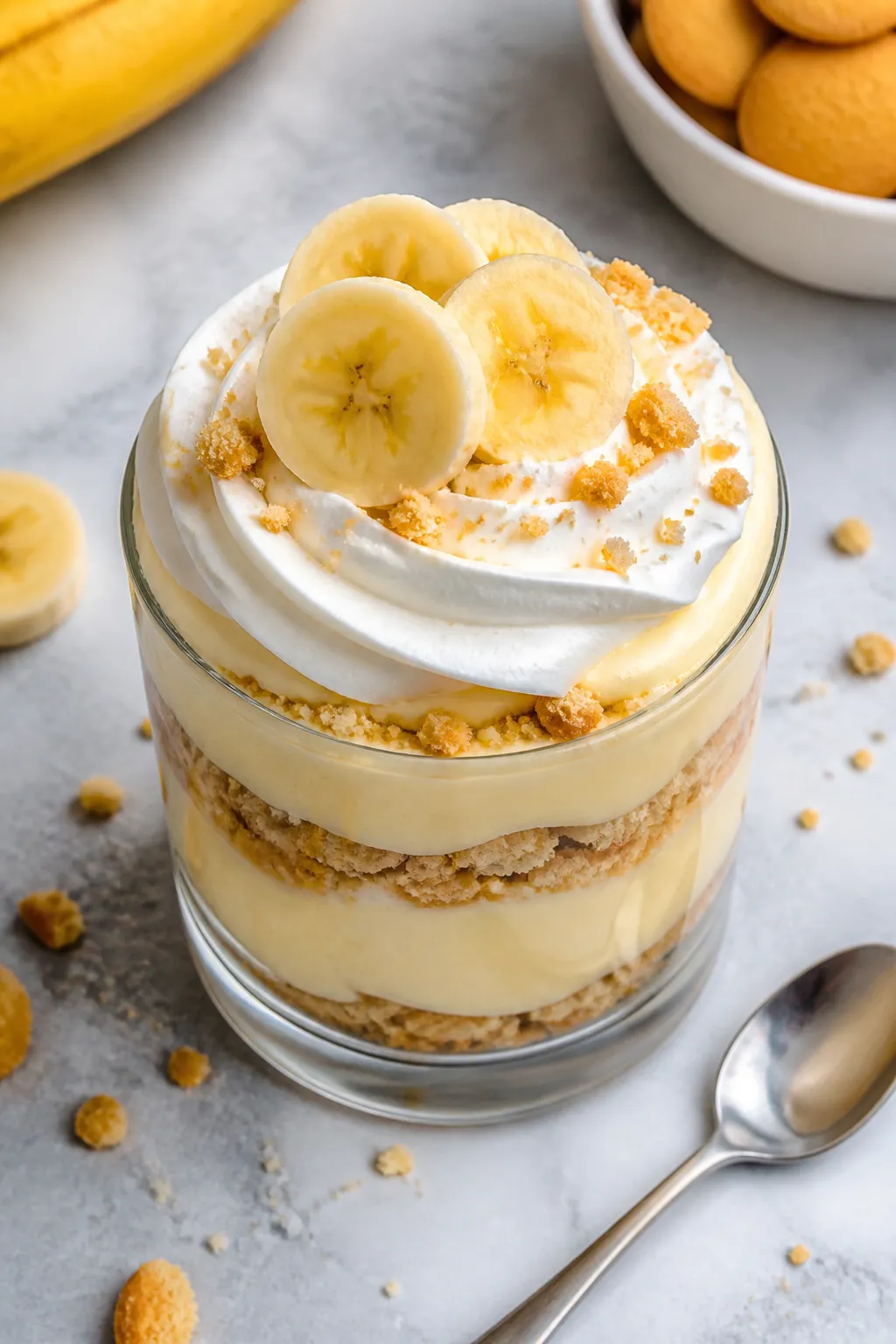Overhead “pie-in-a-cup” presentation: layered banana cream protein pudding in a clear tumbler—