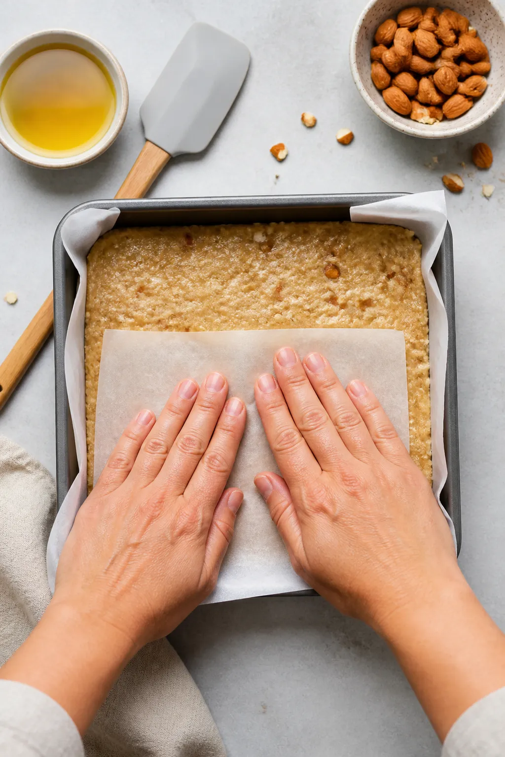 Overhead process shot: Pressing the finished dough evenly into a parchment-lined 8x8-inch pan using