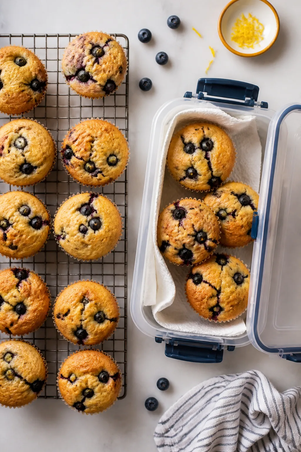 Overhead shot of a meal-prep scene: a neat grid of blueberry protein muffins cooling on a wire rack