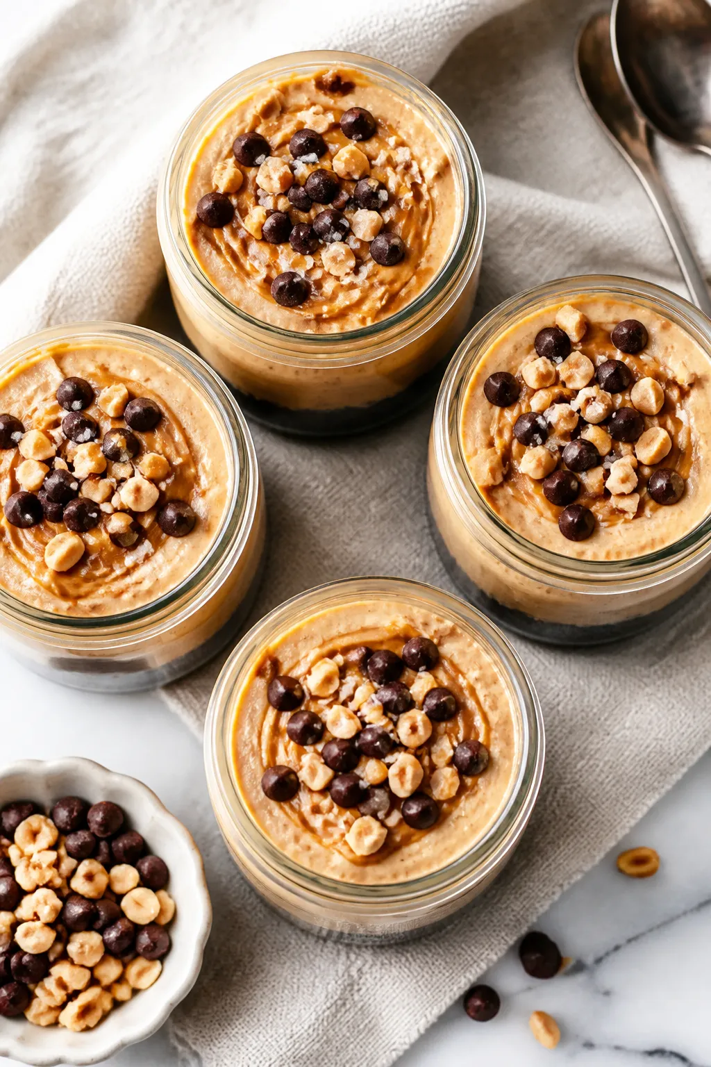 Overhead shot of assembled chocolate peanut butter cheesecake jars after chilling—perfectly smooth