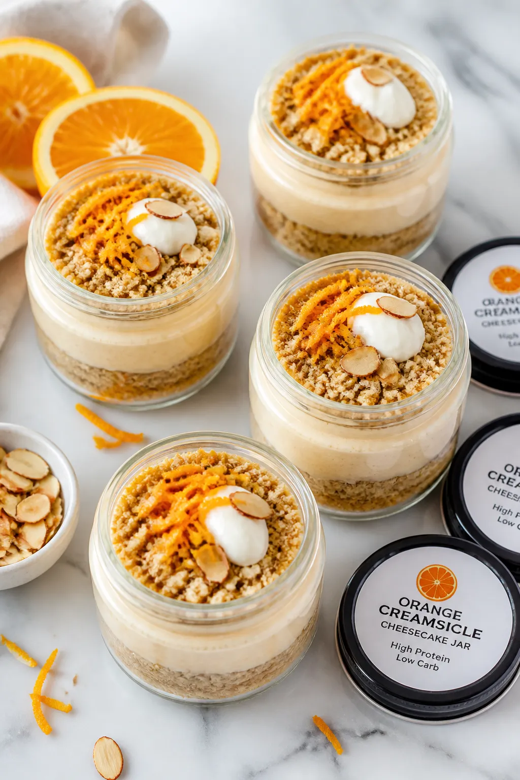 Overhead shot of assembled high-protein low-carb orange creamsicle cheesecake jars, chilled and read