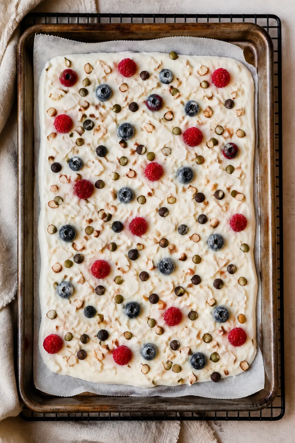 Overhead shot of freshly frozen high-protein yogurt bark on a parchment-lined rimmed baking sheet, s