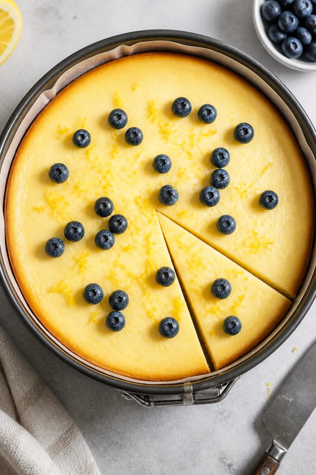 Overhead shot of the fully baked and chilled lemon protein cheesecake still in the springform base w