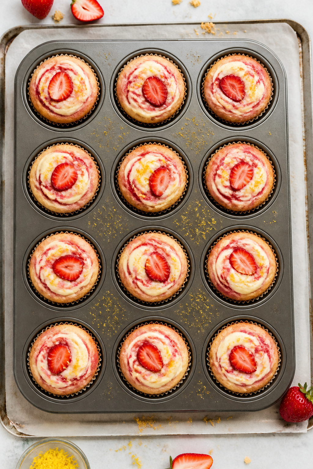 Overhead tasty top view: A 12-cup muffin pan fresh from the oven at the cooling stage, each well hol