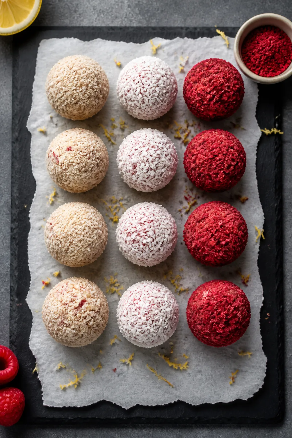 Overhead tasty top view: A chilled set of raspberry cheesecake protein balls arranged in a neat grid