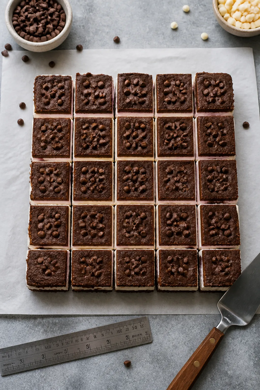 Overhead “tasty top view”: An 8x8 slab of assembled High Protein Low Carb Ice Cream Sandwich Bit