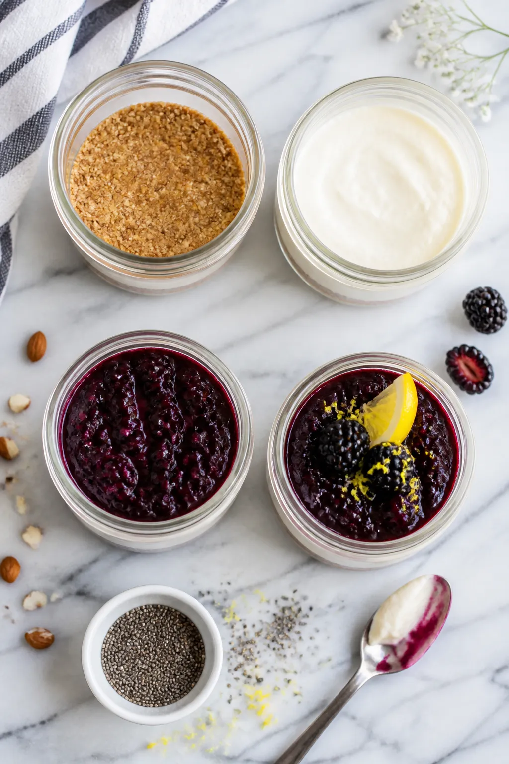 Overhead “tasty top view” assembly scene: Four small 6–8 oz glass jars on a cool-toned marble 