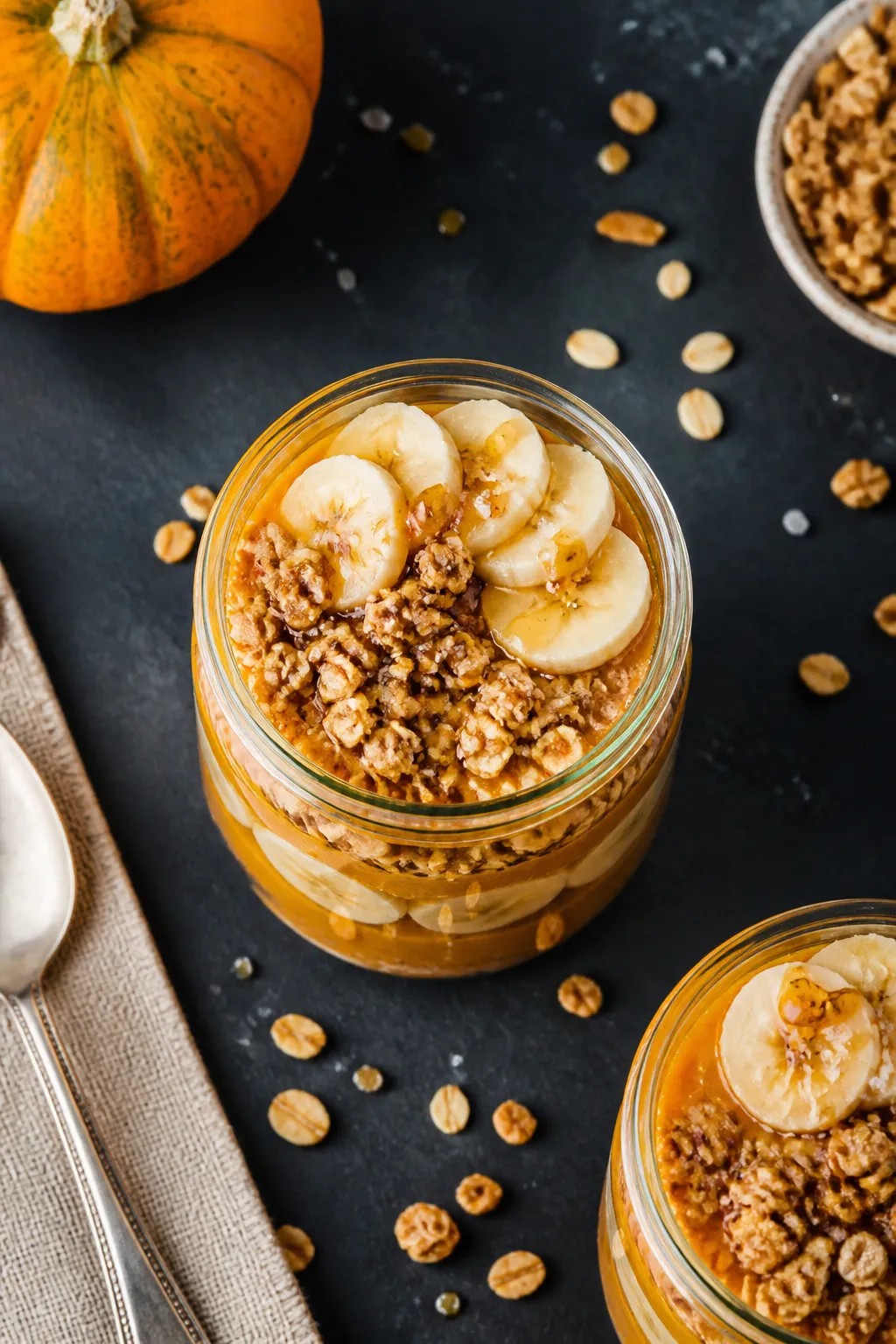 Overhead tasty top view: Breakfast parfait variation—top-down shot of layered pumpkin protein pudd
