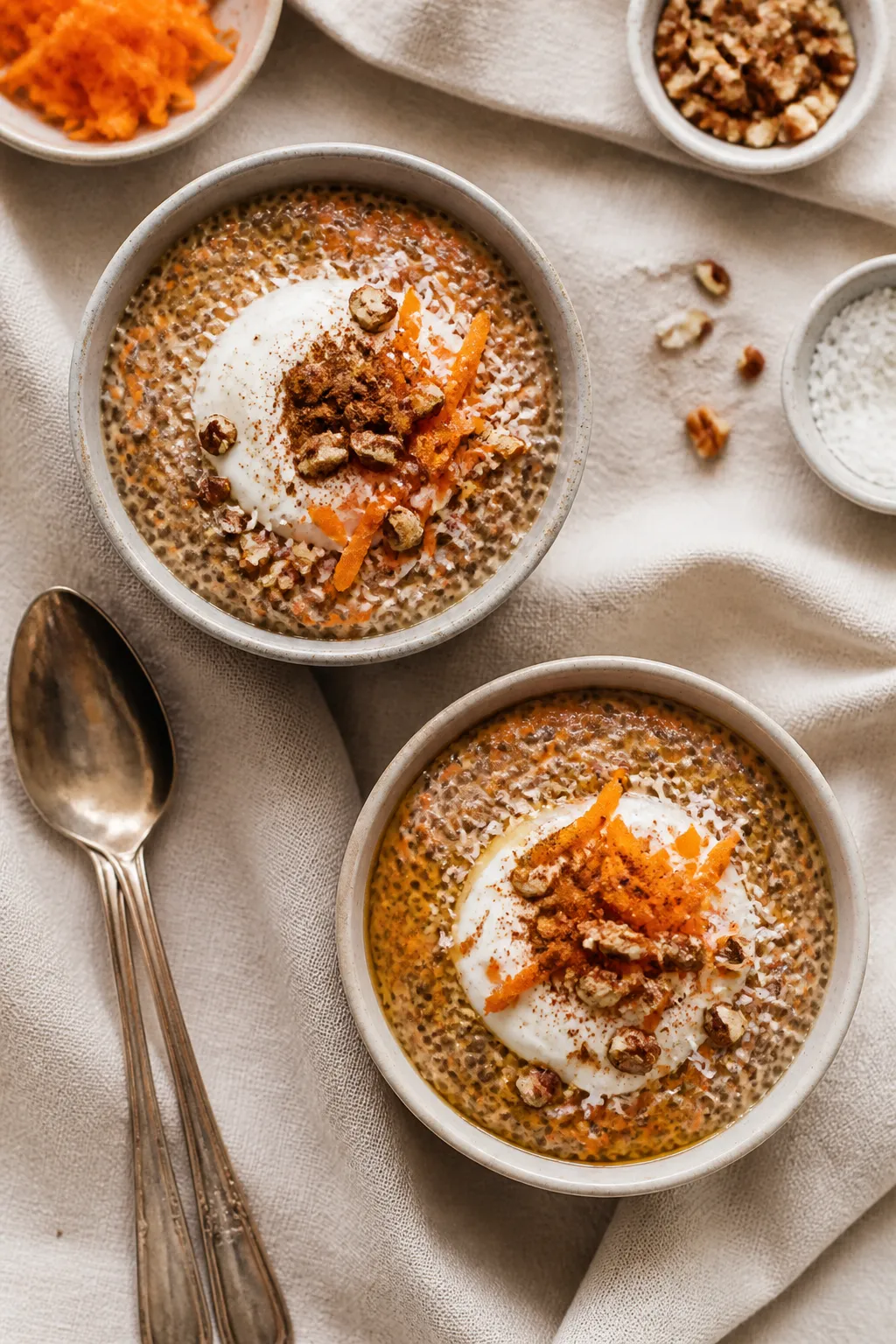 Overhead “tasty top view”: Final carrot cake chia pudding served in two small bowls, topped with